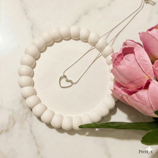 Prettyx Open Heart Necklace + White Bead Bracelet Set — Gold & Silver | Aesthetic Fashion Jewelry for Women