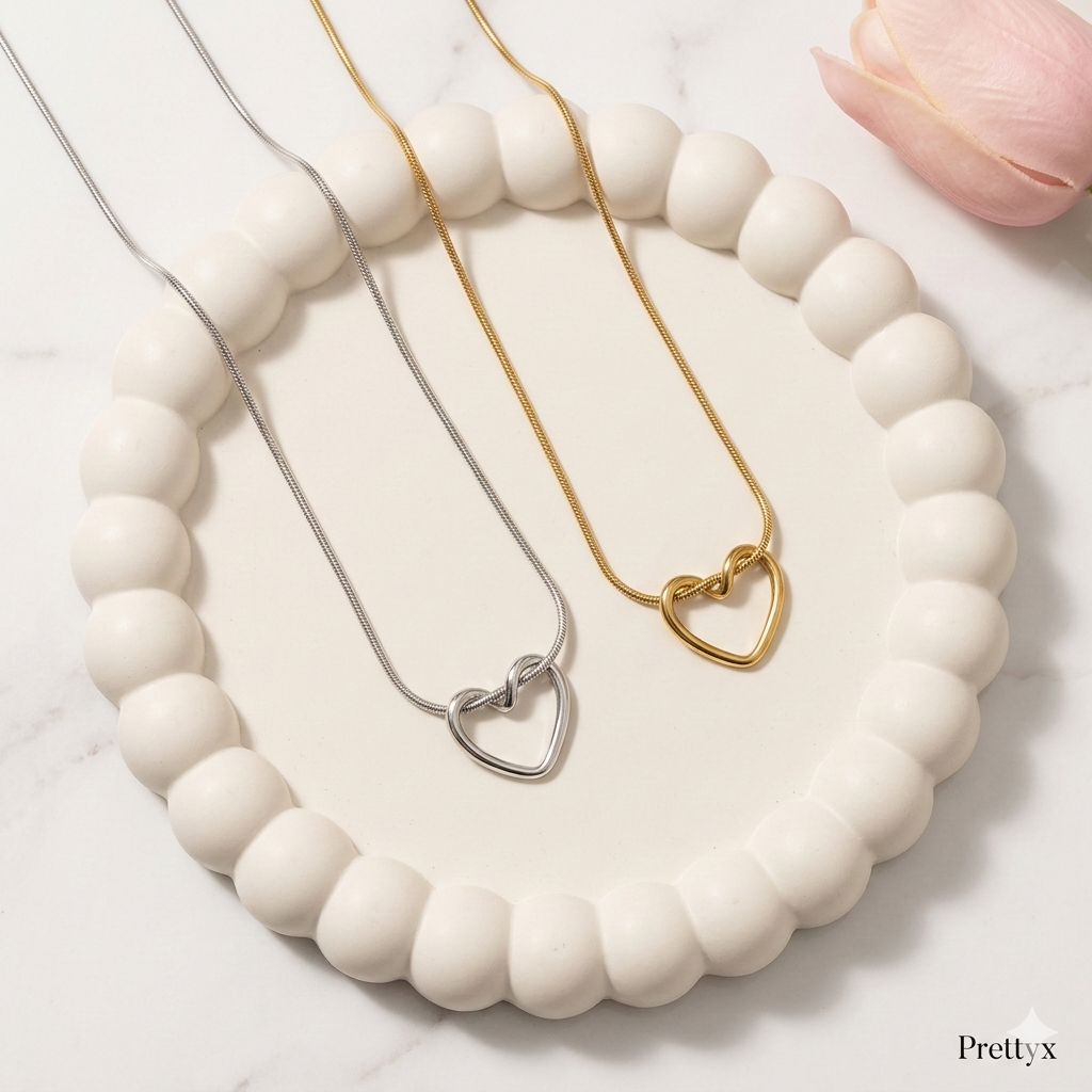 Prettyx Open Heart Necklace + White Bead Bracelet Set — Gold & Silver | Aesthetic Fashion Jewelry for Women