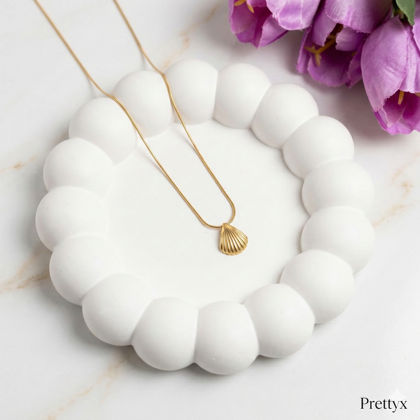 Prettyx Gold Shell Necklace — Scallop Charm Pendant on Snake Chain | Coastal Aesthetic Jewelry for Women