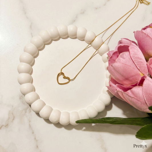 Prettyx Open Heart Necklace + White Bead Bracelet Set — Gold & Silver | Aesthetic Fashion Jewelry for Women