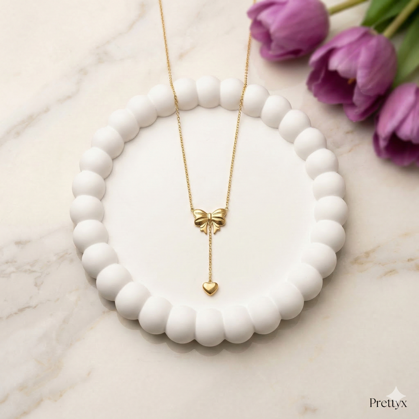 Prettyx Bow & Heart Lariat Necklace — Gold-Toned Bow Charm Pendant | Aesthetic Fashion Jewelry for Women