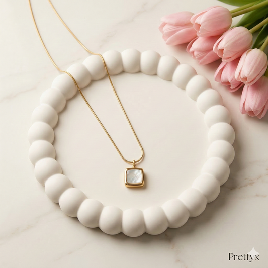 Prettyx Mother of Pearl Pendant Necklace — Gold-Toned Bezel Setting | Aesthetic Stone Necklace for Women
